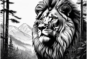 realistic lions face transposed into a dark forest tattoo idea