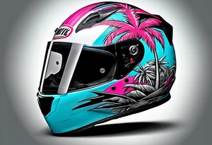 Formula 1 helment with a palm tree and black pink and light blue color tattoo idea