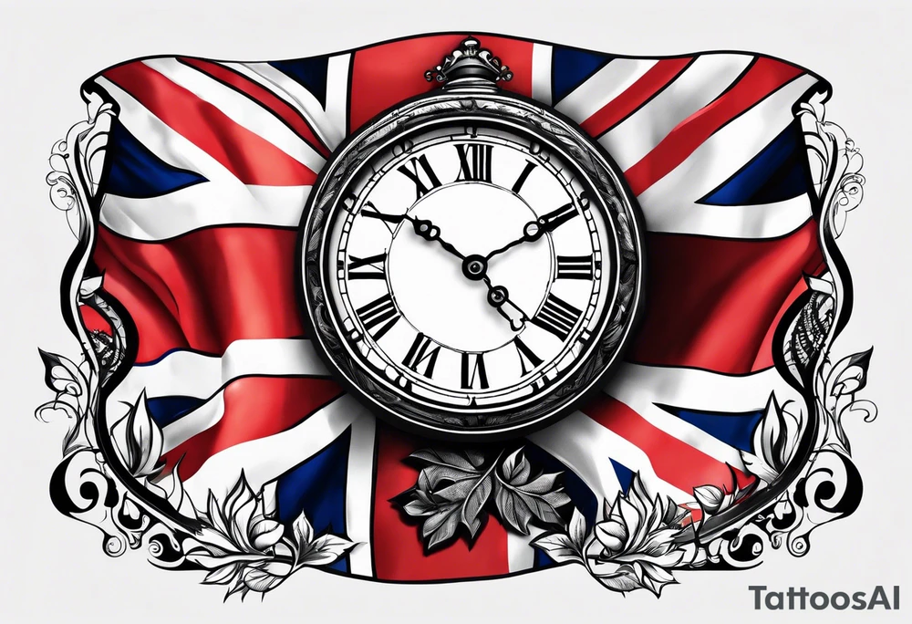 union jack key leaves clock tattoo idea