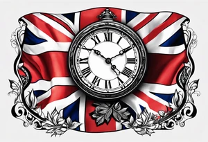 union jack key leaves clock tattoo idea