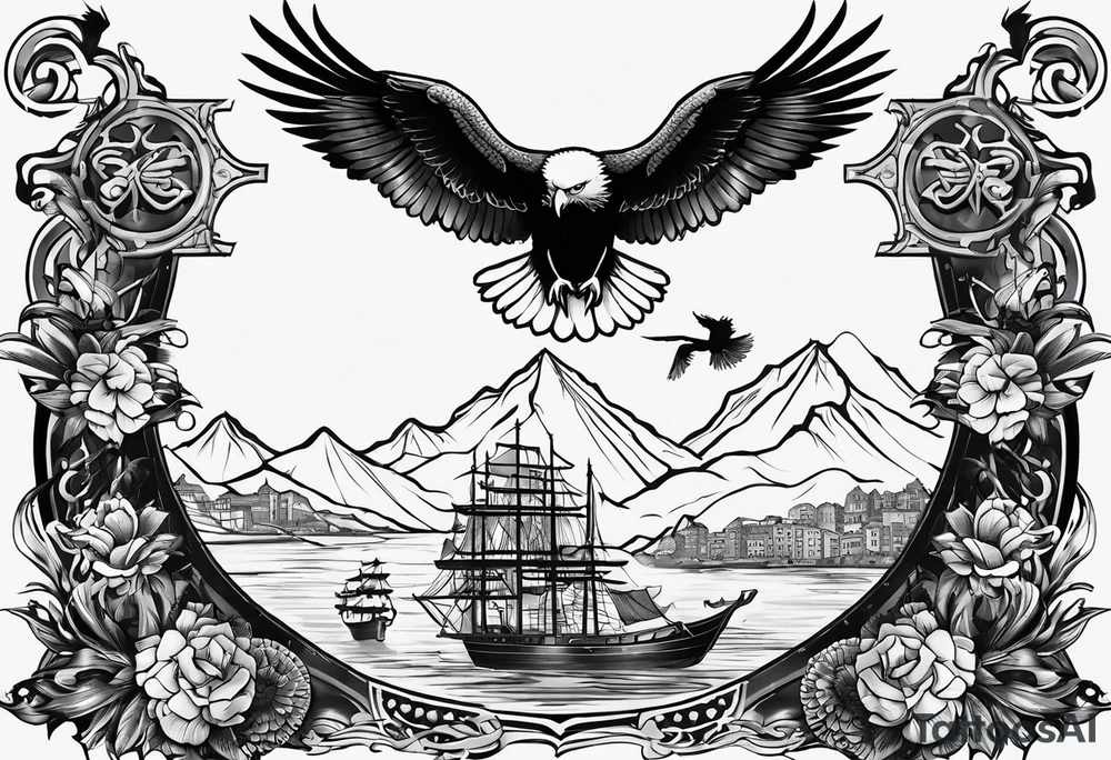 idea of pain for glory in life, discipline and catholic religion. Tattoo on the back with an eagle , 2 doves and fish tattoo idea