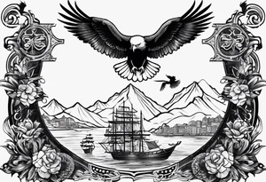 idea of pain for glory in life, discipline and catholic religion. Tattoo on the back with an eagle , 2 doves and fish tattoo idea