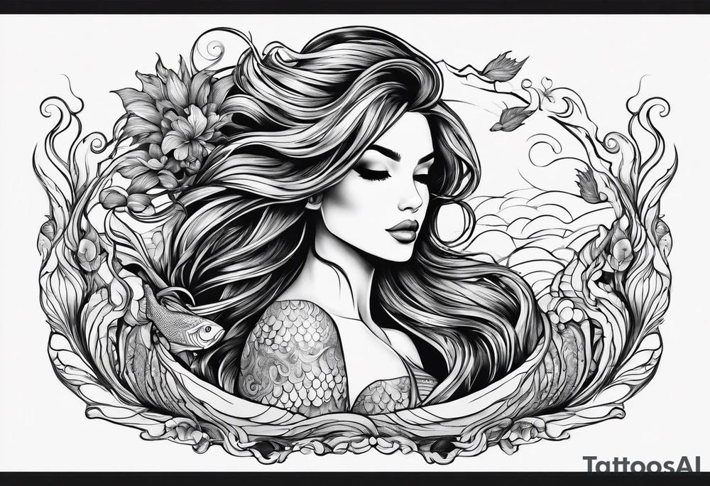 Wildly flowing mermaid hand in her hair tattoo idea