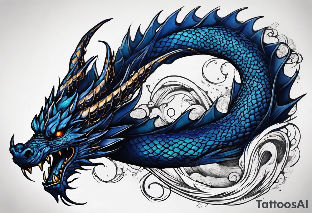 An epic floating dragon. Its long body coiling dynamically, with scales and horns detailed to create a sense of movement and strength. The dragon's main color is midnight blue, giving a vibrant depth and a mystical aura. This tattoo highlights the dragon’s fierce expression and sharp claws. tattoo idea