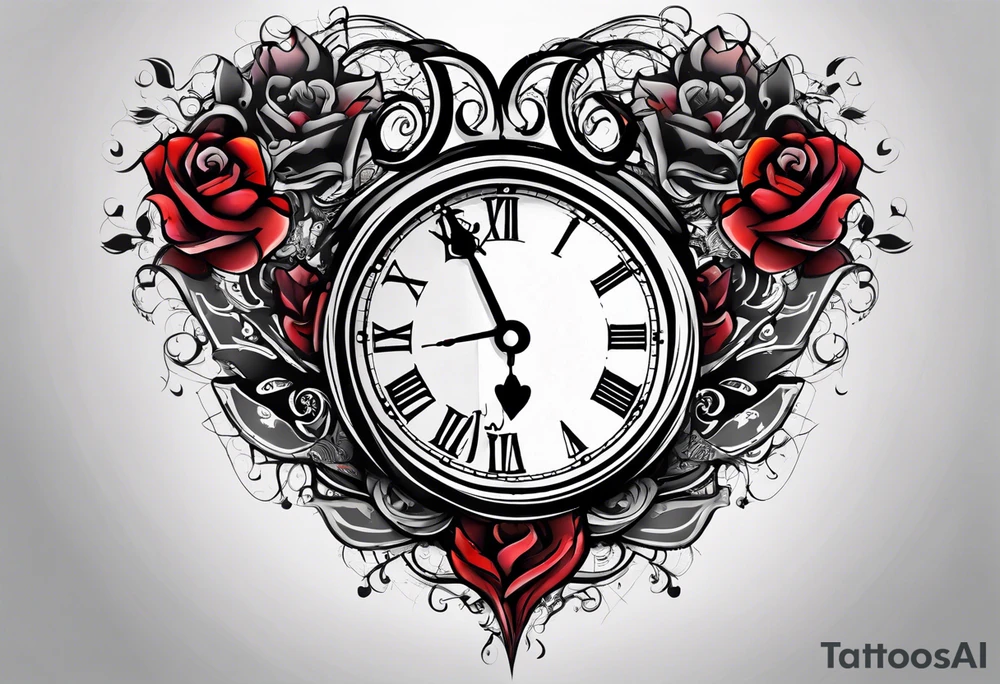 broken heart with clock in middle.
Clock hands on 8 and 5.
Never Say Never written on tattoo tattoo idea