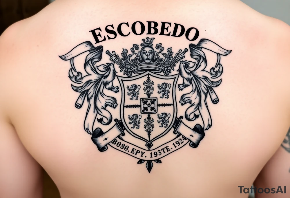 "A detailed family crest or coat of arms with intricate elements like lions, shields, scrolls, and swords, designed in a traditional and bold style. The crest is centered just below the name 'Escobedo' written across the shoulders, creating a regal and powerful visual balance." tattoo idea