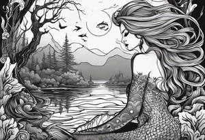 Swamp mermaid, ugly, creepy, undead, moss, fishlike, minimalist, hairless black and white tattoo tattoo idea