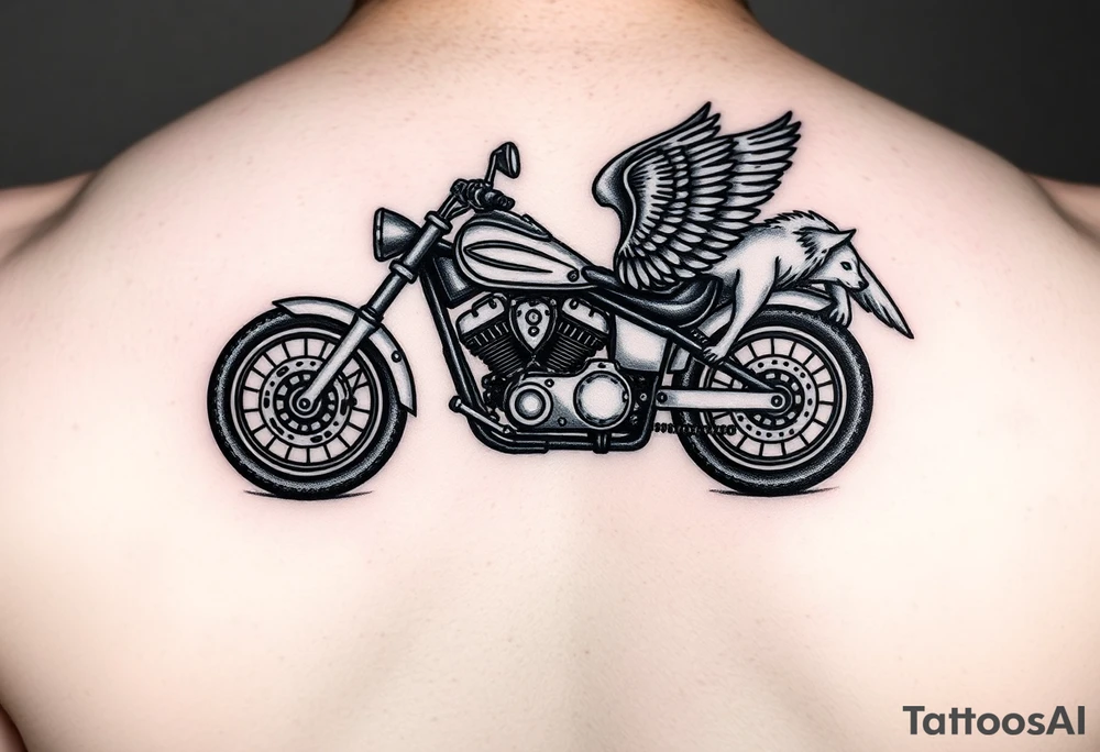 a motorcycle on it with guardian angel wolves on the bike tattoo idea