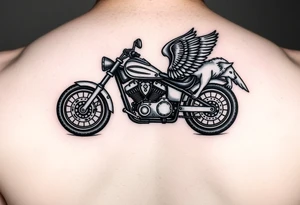 a motorcycle on it with guardian angel wolves on the bike tattoo idea