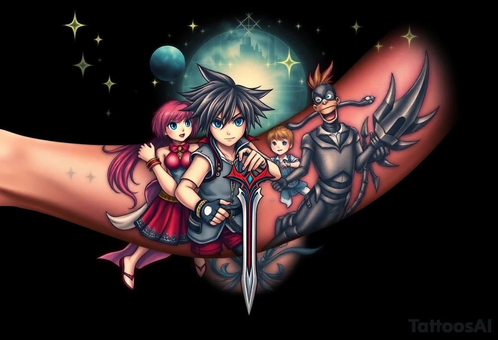 Kingdom Hearts tattoo design featuring sora, kairi, riku, donald and goofy from the game, together in a dynamic, united pose. The centerpiece should include the soras Keyblade, with a beautiful and ethereal dark Kingdom Hearts-inspired background—think glowing stars, floating islands, and stained-glass elements in backroung. The design should capture themes of friendship, light vs. darkness, and adventure. Style should be detailed, fantasy-oriented, and suitable for a large piece tattoo idea