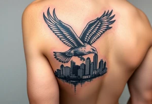 Philadelphia Eagle flying over Philadelphia city skyline faded with a Go Birds under it on arm tattoo idea