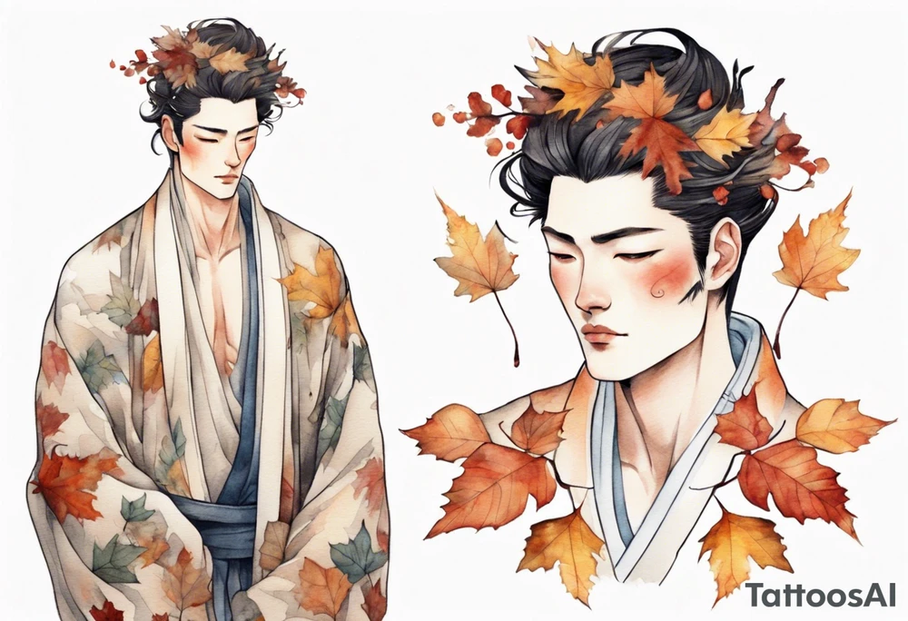 A tall, beautiful man with autumn leaves for hair, skin like birch bark, and a floral robe. tattoo idea