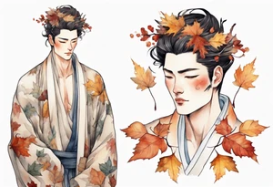 A tall, beautiful man with autumn leaves for hair, skin like birch bark, and a floral robe. tattoo idea