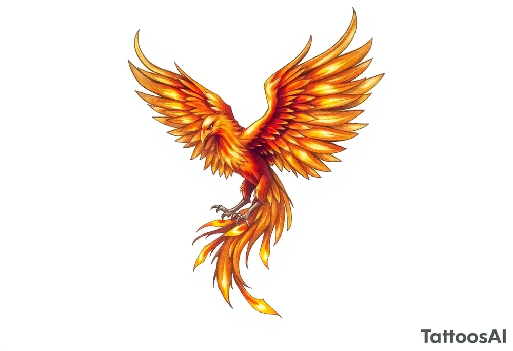 magnificent phoenix rising from golden flames with trailing embers tattoo idea