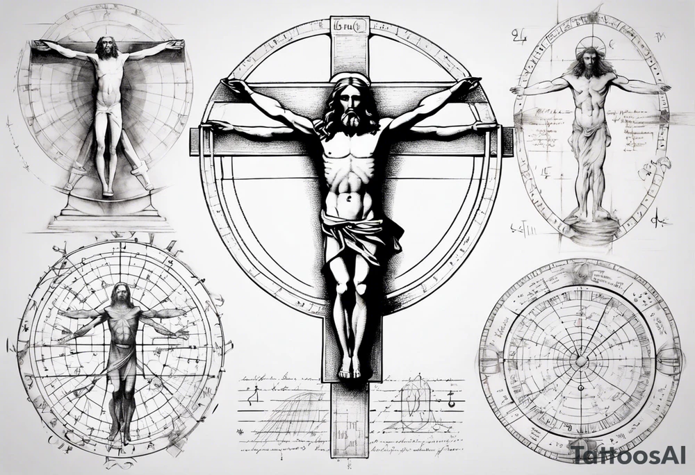 Leonardo da Vinci, Vitruvian man  and Jesus combined with emphasis on math and physics tattoo idea