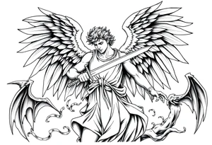 Archangel Michael holding a sword, ready for battle, defeating Lucifer tattoo idea