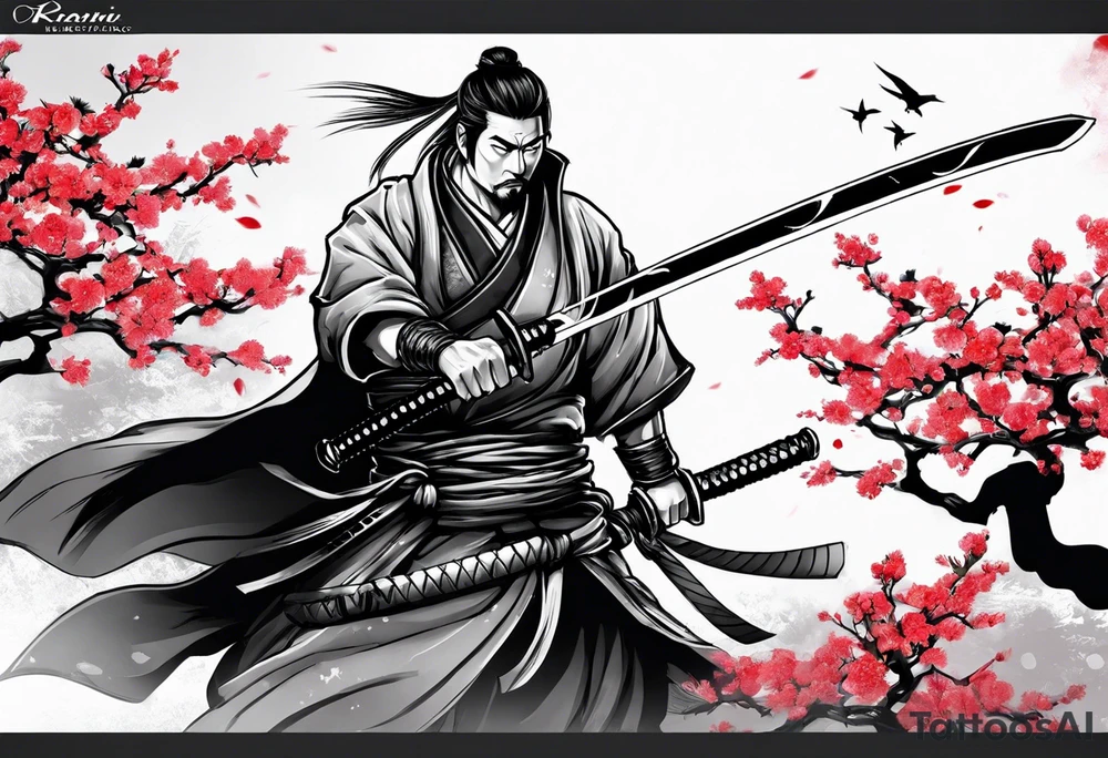 Ronin with samurai sword in blood, for a forearm
Should contains sakura leaves 
The tatoo should show i have dedication, respect and inner strength, and I try to become better everyday tattoo idea