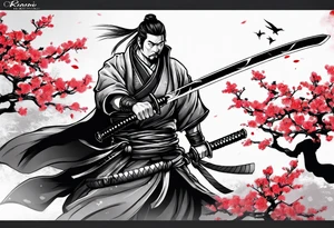 Ronin with samurai sword in blood, for a forearm
Should contains sakura leaves 
The tatoo should show i have dedication, respect and inner strength, and I try to become better everyday tattoo idea