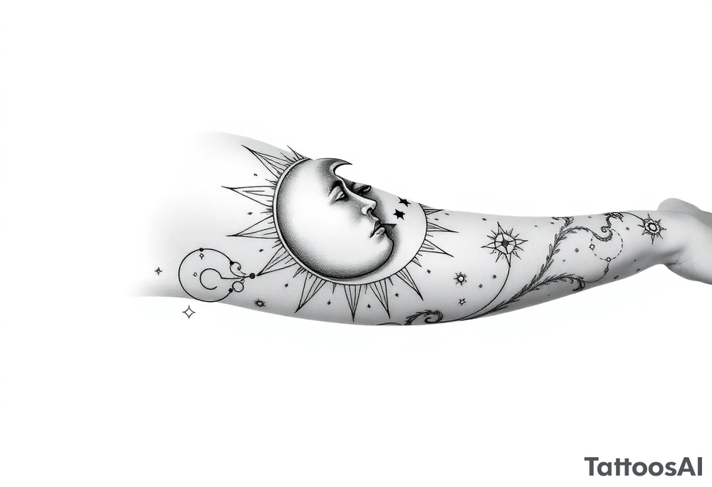 celestial sun and moon embrace with constellation patterns tattoo idea