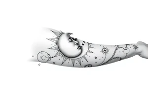 celestial sun and moon embrace with constellation patterns tattoo idea