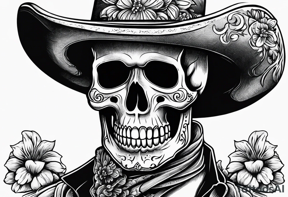 Mexican skull wearing cowboy hat with paintbrushes and bluebonnets flowers tattoo idea