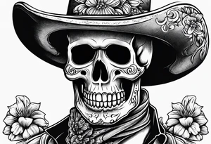 Mexican skull wearing cowboy hat with paintbrushes and bluebonnets flowers tattoo idea