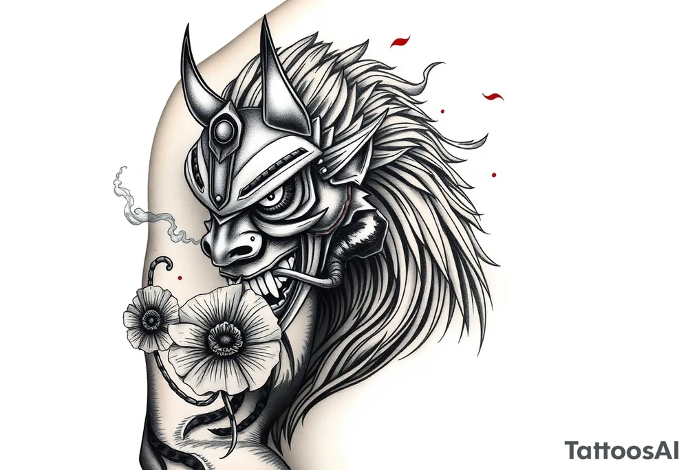 Ronin with smoke coming out of its mouth with 11b tattooed under its left eye with 1 poppy on each side of the ronin tattoo idea