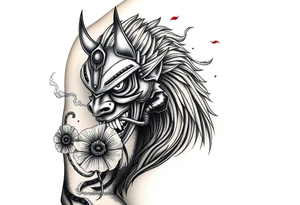 Ronin with smoke coming out of its mouth with 11b tattooed under its left eye with 1 poppy on each side of the ronin tattoo idea