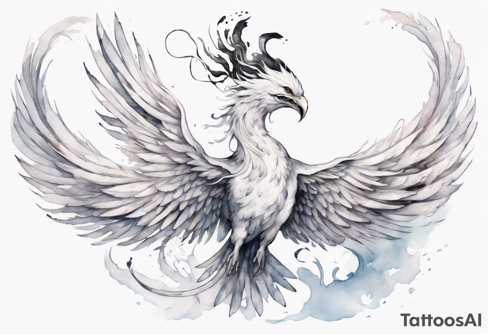 a white phoenix-serpent hybrid wearing a small crown, flying in the air tattoo idea