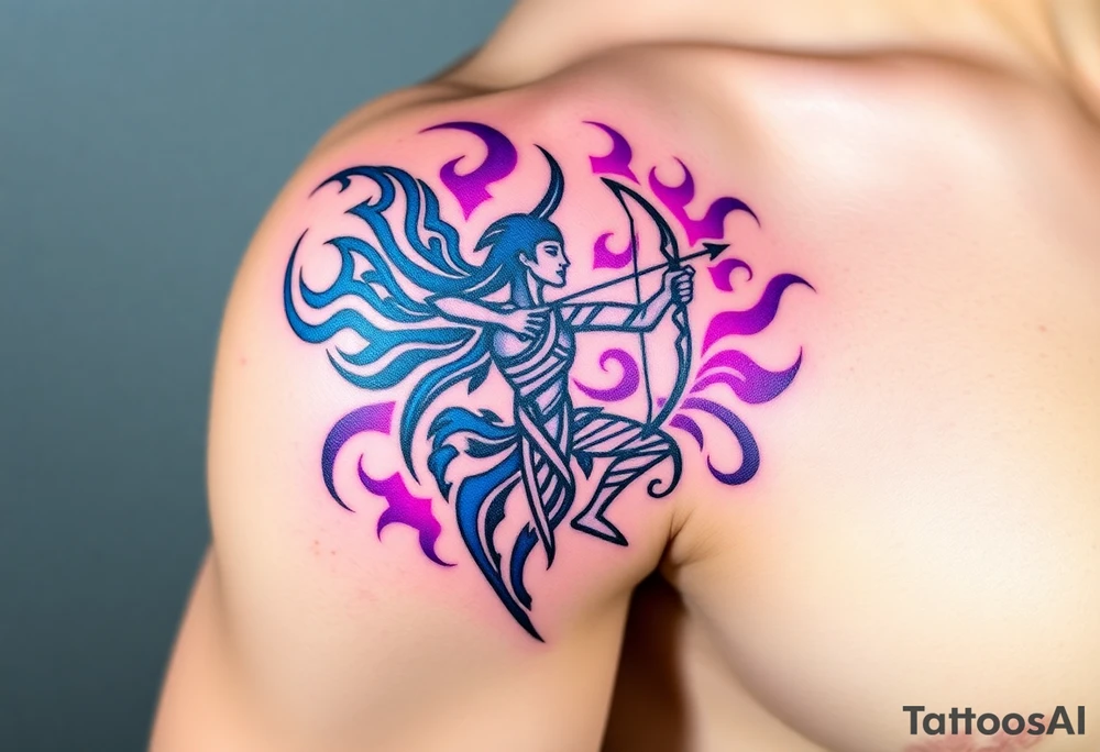 A Sagittarius figure engulfed in swirling cosmic energy, blending neon blue, purple, and magenta tones tattoo idea