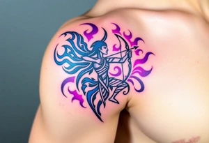 A Sagittarius figure engulfed in swirling cosmic energy, blending neon blue, purple, and magenta tones tattoo idea