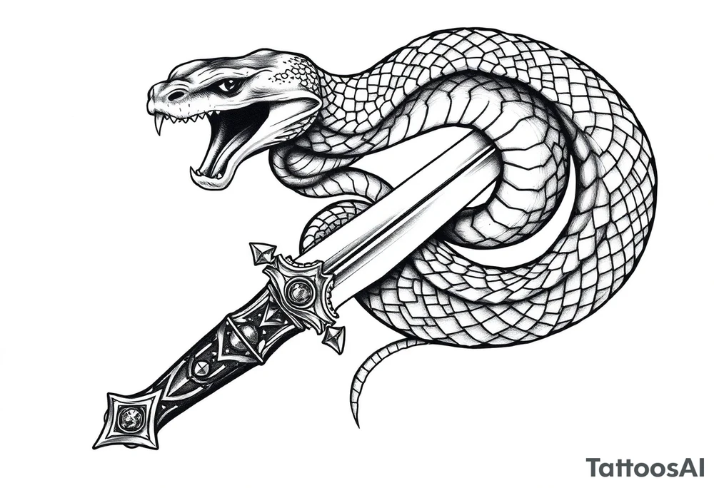 mystical snake coiled around an ancient dagger with jeweled hilt tattoo idea