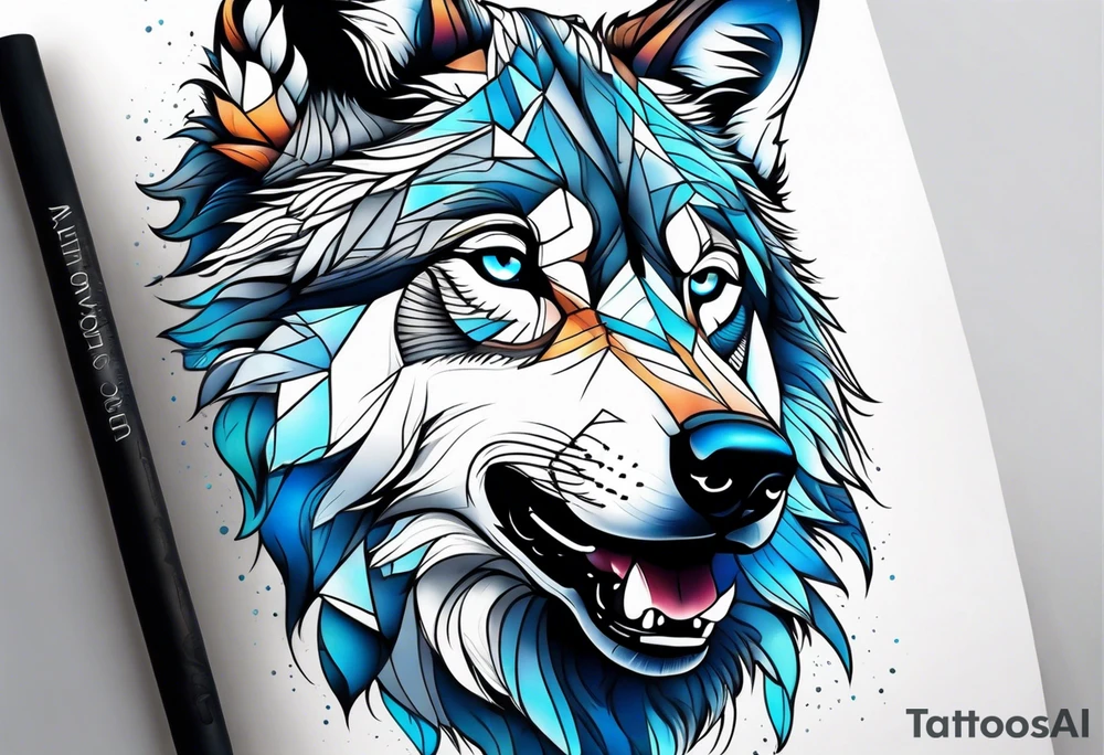 Male young Wolf face look realistic with blue eyes tattoo idea