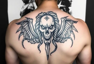 El cuerpo completo e la diosa griega Temis le suben rodeando dos escorpiones tattoo idea