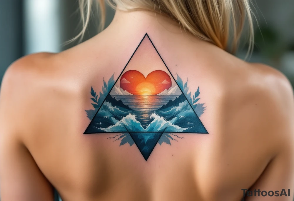 A triangle with a big heart in the center with an ocean travel theme tattoo idea