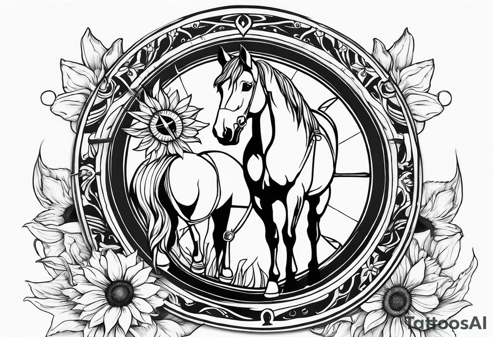 Horse, compass, sunflower tattoo idea