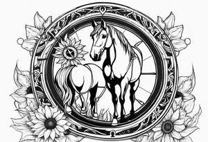 Horse, compass, sunflower tattoo idea