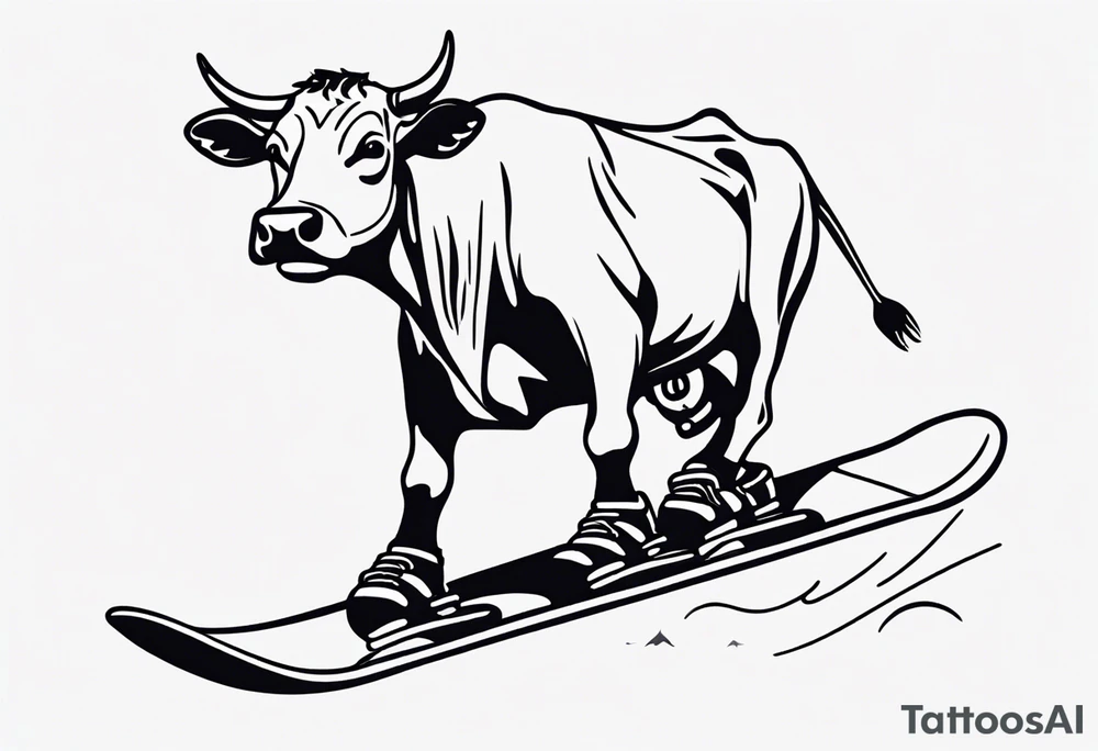 Generate a minimalist and simple black and white tattoo design featuring a joyful cow snowboarding, wearing goggles. Focus on essential lines and details to convey the playful spirit of the scene. The cow should exude confidence while effortlessly snowboarding down a snowy slope. Keep the design clean and uncluttered, suitable for a small to medium-sized tattoo space. Emphasize the charm and whimsy with the addition of goggles, ensuring the overall aesthetic remains simple and minimalistic. The goal is to create a visually appealing and easily recognizable tattoo that captures the essence of a cow enjoying a snowboarding adventure tattoo idea