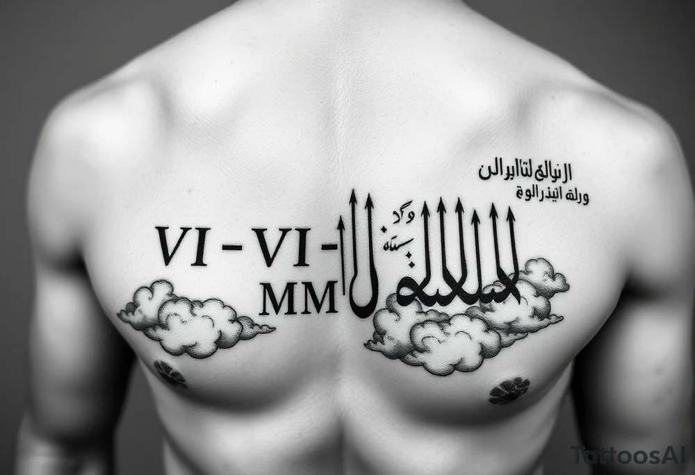 ruman numerals VI•VI•MCMLXXX above the right nipple overlapping from chest to shoulder, shaded up with clouds and somewhere on the same shoulder arabic writing لا تخف من شيء . tatoo should be on chest and not back and it should overlap into shoulder tattoo idea