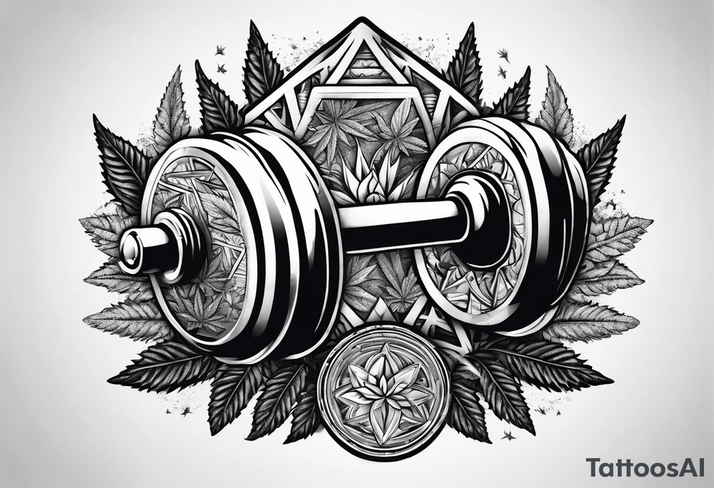 A dumbell with marijuana around tattoo idea