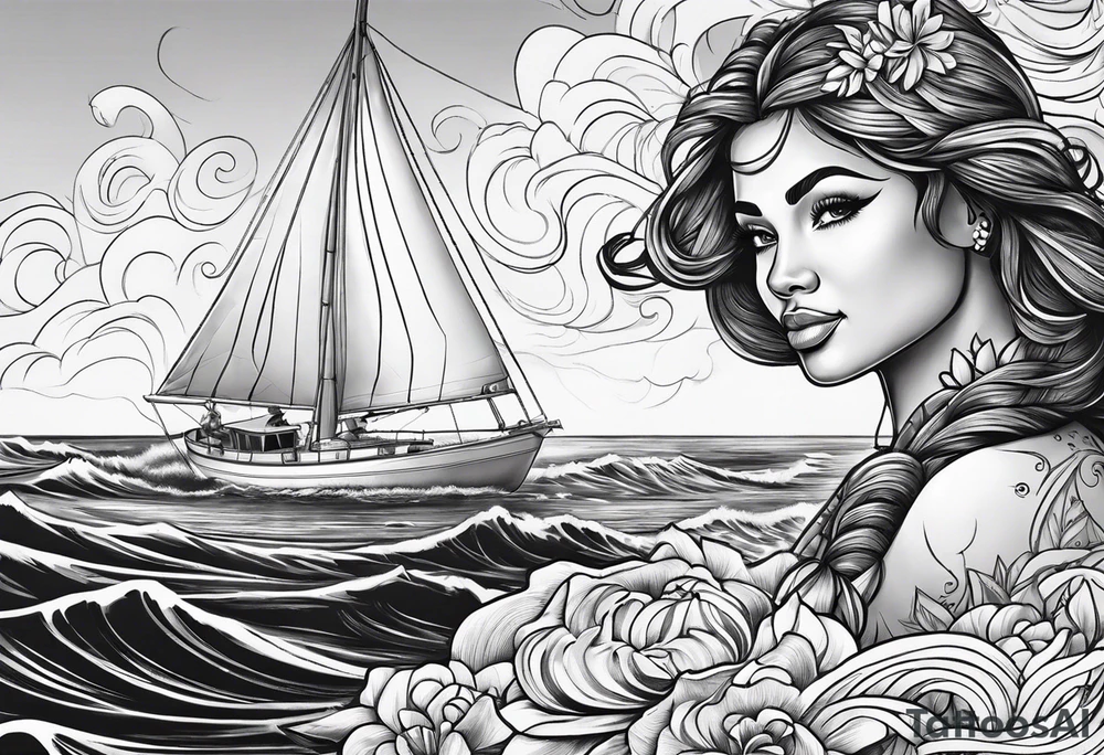 Hula girl on a sailboat with waves tattoo idea