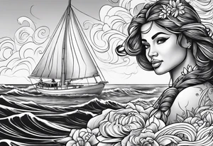 Hula girl on a sailboat with waves tattoo idea