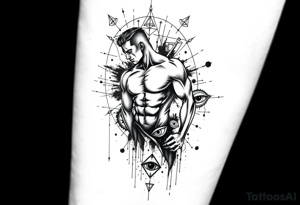 Black and white forearm tattoo design, dark surreal and symbolic, high contrast, clean linework with fine etching-style shading. Central muscular human figure in a dramatic dynamic pose, partially fragmented or dissolving into ink splashes and abstract shapes. Surrounded by sacred geometry, occult and alchemical symbols, thin composition lines, dripping surreal eyes, and subtle horror details. Balanced minimalism with strong visual impact, no background, designed to be extended into a full sleeve. tattoo idea