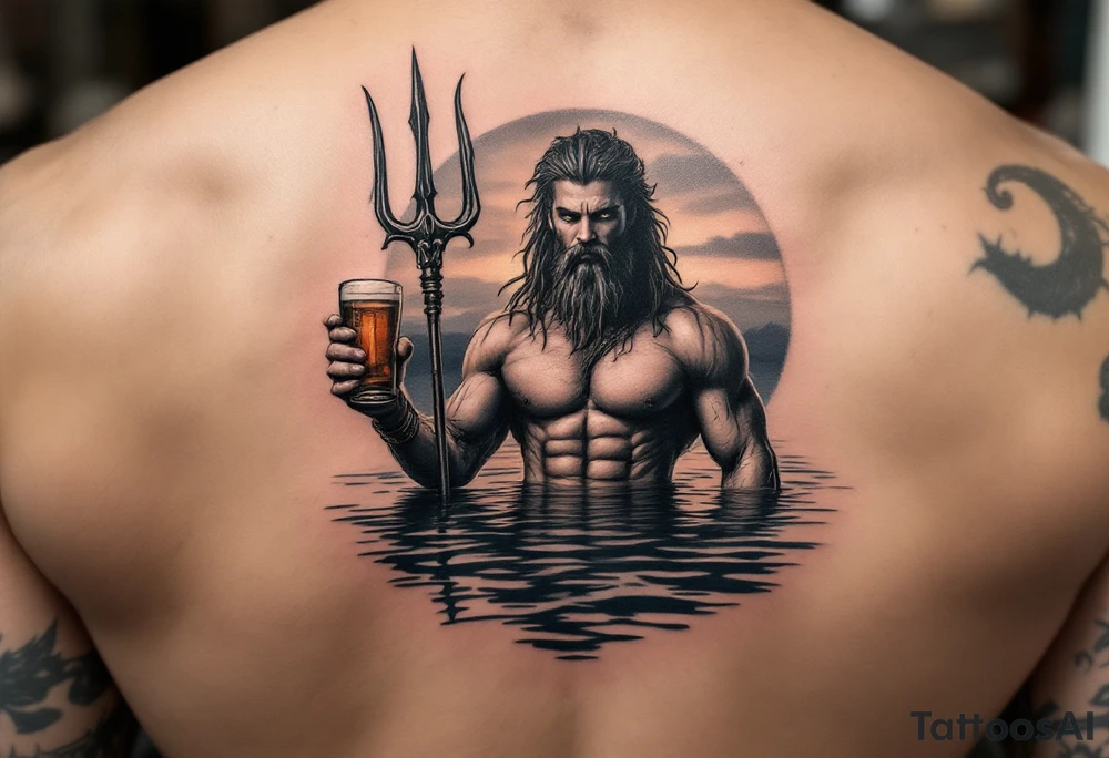 young, fit poseidon in calm water, holding a trident, holding a beer, with sunset tattoo idea