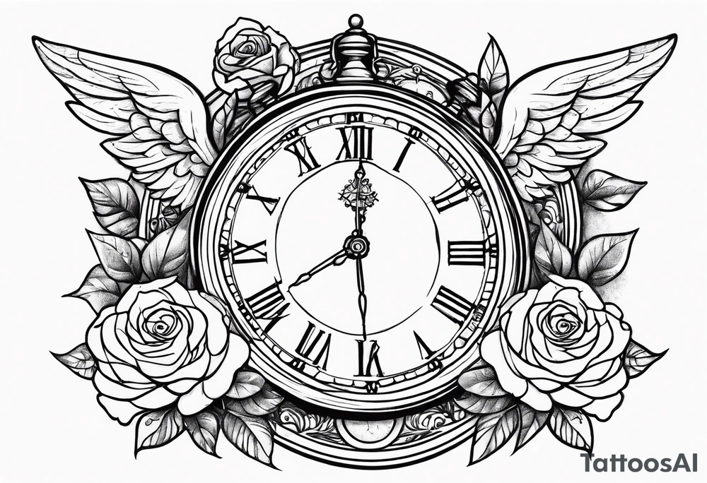 angel, roses, clock, name MARTINA tattoo idea