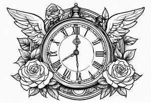 angel, roses, clock, name MARTINA tattoo idea