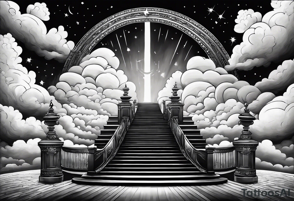 Staircase that leads through the clouds to heaven and ends at the gates of heaven. At the end there is a bright light tattoo idea