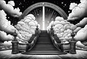 Staircase that leads through the clouds to heaven and ends at the gates of heaven. At the end there is a bright light tattoo idea