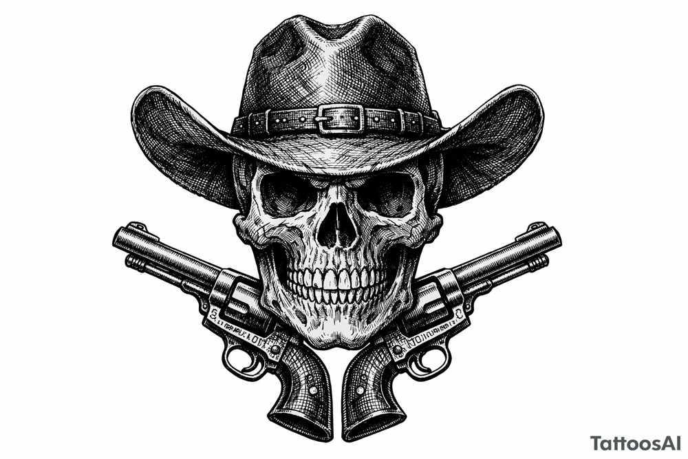 Victorian-era engraved skull, cowboy hat, two revolvers flanking its chin. tattoo idea