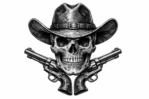 Victorian-era engraved skull, cowboy hat, two revolvers flanking its chin. tattoo idea